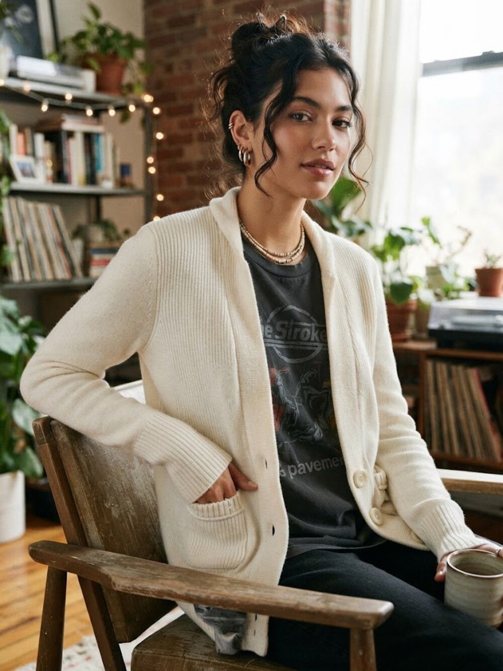 Vintage 2000 American Eagle AE Open Front XL Pocket Cream Cardigan Academia Knit